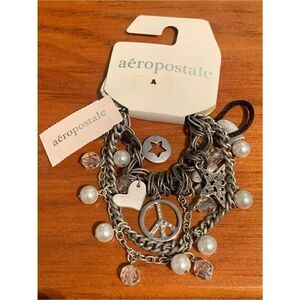 Aeropostale Silver Multi-Chain Charm Bracelet with Pearls and Crystals